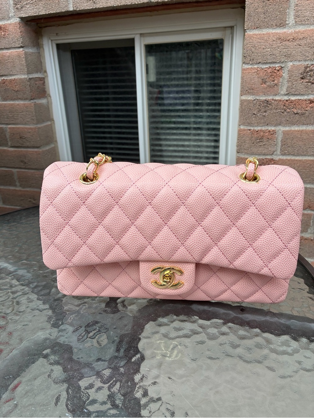 Pink Quilted Shoulder Flap Bag with Gold Hardware